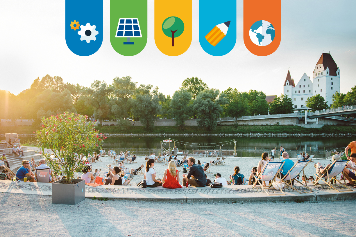 Menschen sitzen an der Donaubühne, bunte Icons