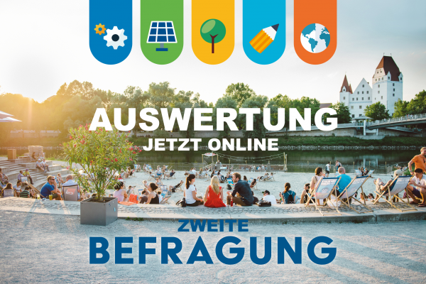 Titelbild Auswertung zur 2. Befragung der Nachhaltigkeit in Ingolstadt mit Menschen, die am Donaustrand sitzen mit Blick auf die Donau und die Altstadt